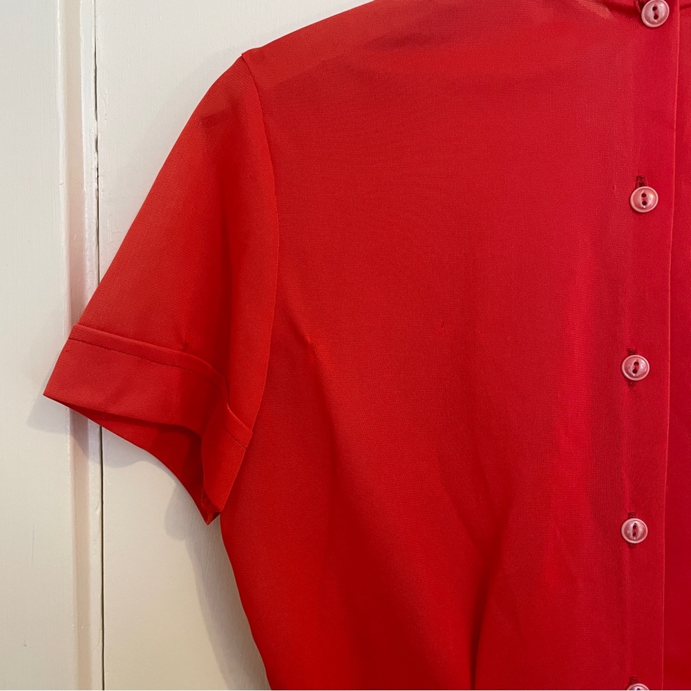 Vintage 1950s Red Pleated Blouse Pearl Collar Finland Short Sleeve Top S - Picture 10 of 12